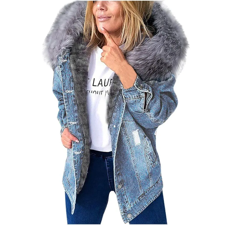 【並行輸入品】Wirziis Womens Faux Fur Denim Jacket Warm Fuzzy Fleece Thicken Q