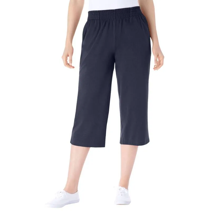 ウーマン ウィズイン レディース ボトムス カジュアルパンツ プラスサイズ プチ キャップ ニット Woman Within Plusize Petitelastic-Waist Pull-On Knit Pocket Capri Pants Navy ネイビー