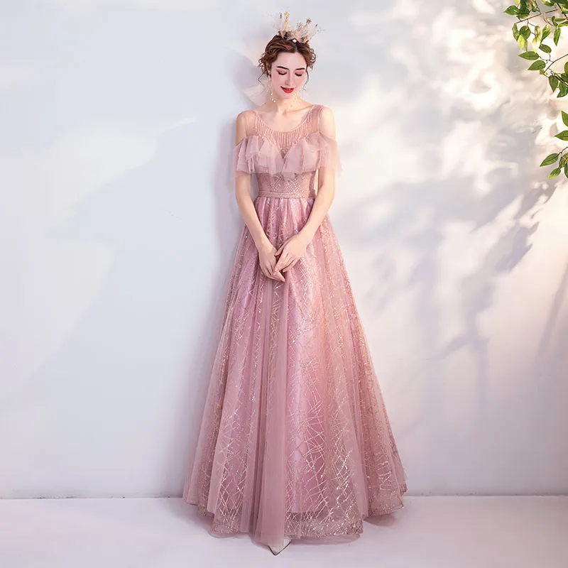 パーティードレス カラードレス ピンク 半袖 花嫁 結婚式 Bridesmaid dress お嬢様 ウエディング ワンピース ロングドレス 大きいサイズ 大人 上品 優雅 綺麗 お呼ばれ 食事会 二次会 披露宴 卒業式 成人式  セミオーダー/編み上げ