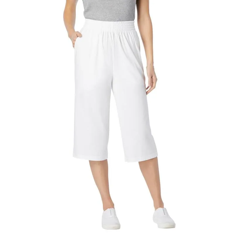 ウーマン ウィズイン レディース ボトムス カジュアルパンツ プラスサイズ プチ キャップ ニット Woman Within Plusize Petitelastic-Waist Pull-On Knit Pocket Capri Pants White ホワイト