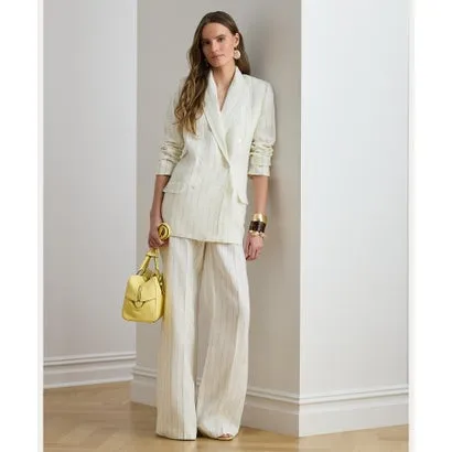 ローレン ラルフ ローレン LAUREN RALPH LAUREN ストライプド リネン ワイドレッグ パンツ （100ホワイト）