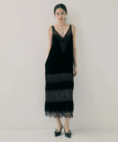 ドレス 「tanakadaisuke/タナカダイスケ」black lace velour cami-dress/ブラックレースベロアキャミドレス