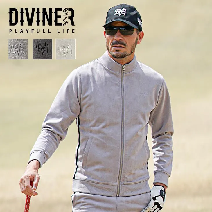 DIVINER GOLF ゴルフウェア メンズ スタンドジャケット ゴルフ ブルゾン フェイクスエード 羽織り スウェット サイドライン スタンド