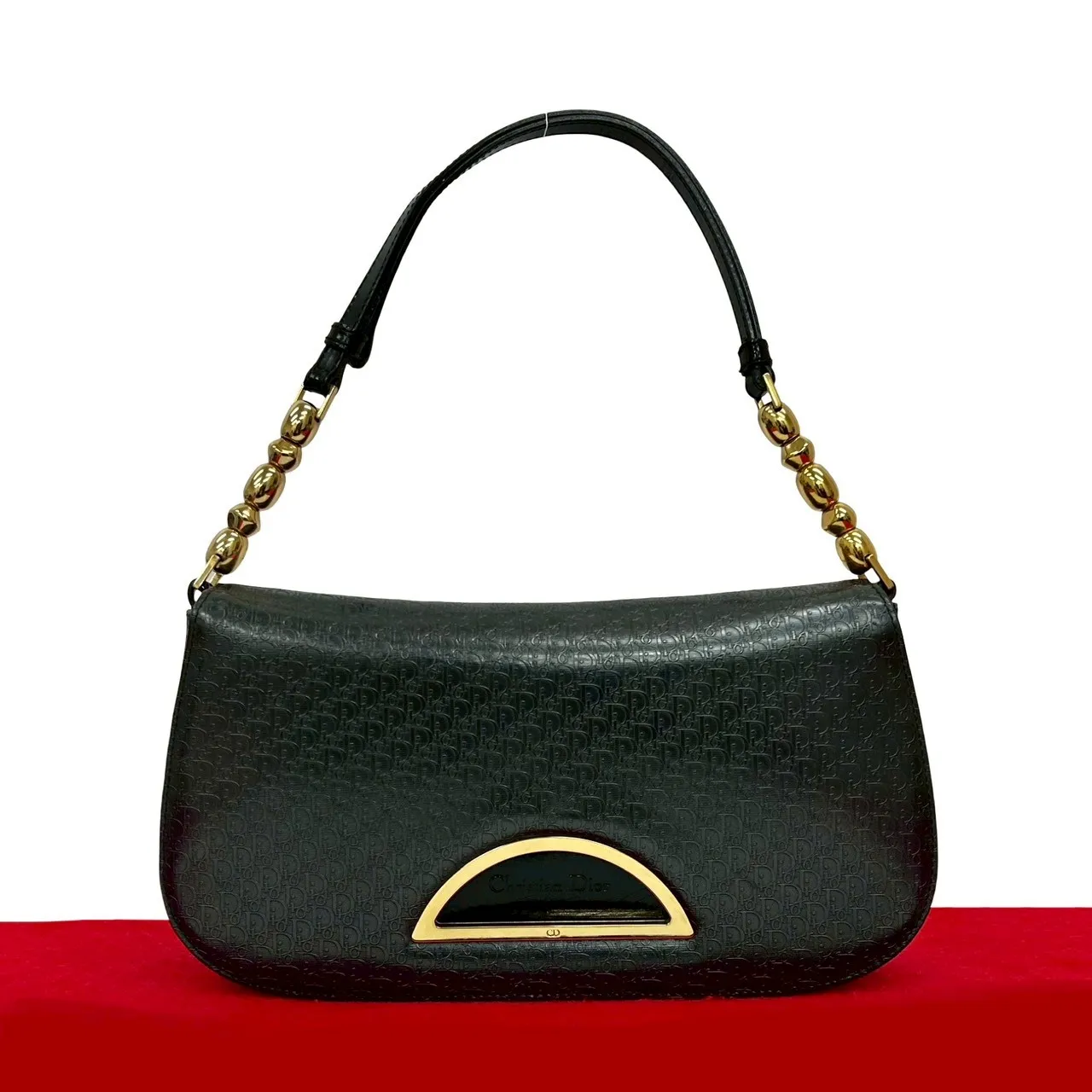 【ポイント2倍】極 美品 Christian Dior クリスチャンディオール マリスパール トロッター 柄 レザー 本革 セミ ワン ショルダーバッグ ブラック 148-5【送料無料】【中古】