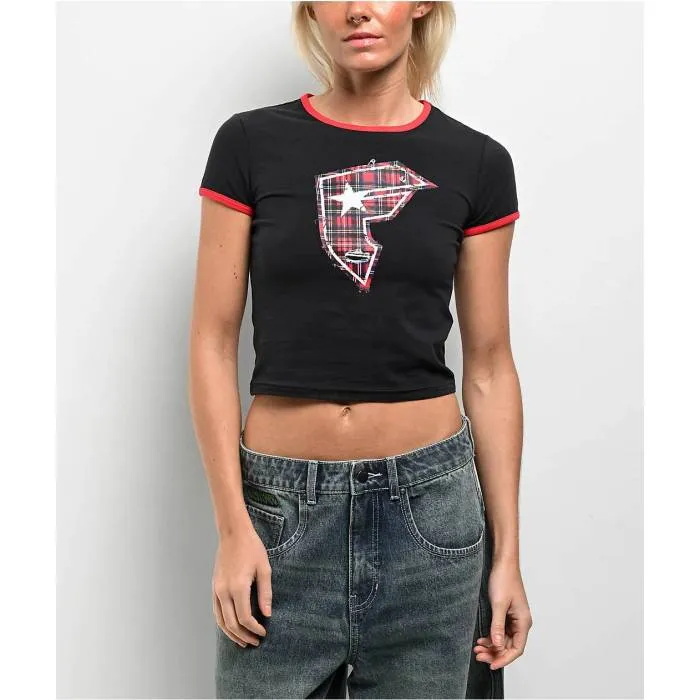 Famous Stars \u0026 Straps 【 Plaid Boh Black Ringer Crop T-Shirt Women Black 】 黒色 ブラック Crop クロップ Tシャツ レディース 黒色 ブラック