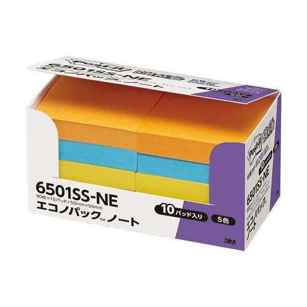 (まとめ) 3M ポストイット エコノパック 強粘着ノート 50×50mm ネオンカラー5色 6501SS-NE 1パック（10冊） 〔×10セット〕