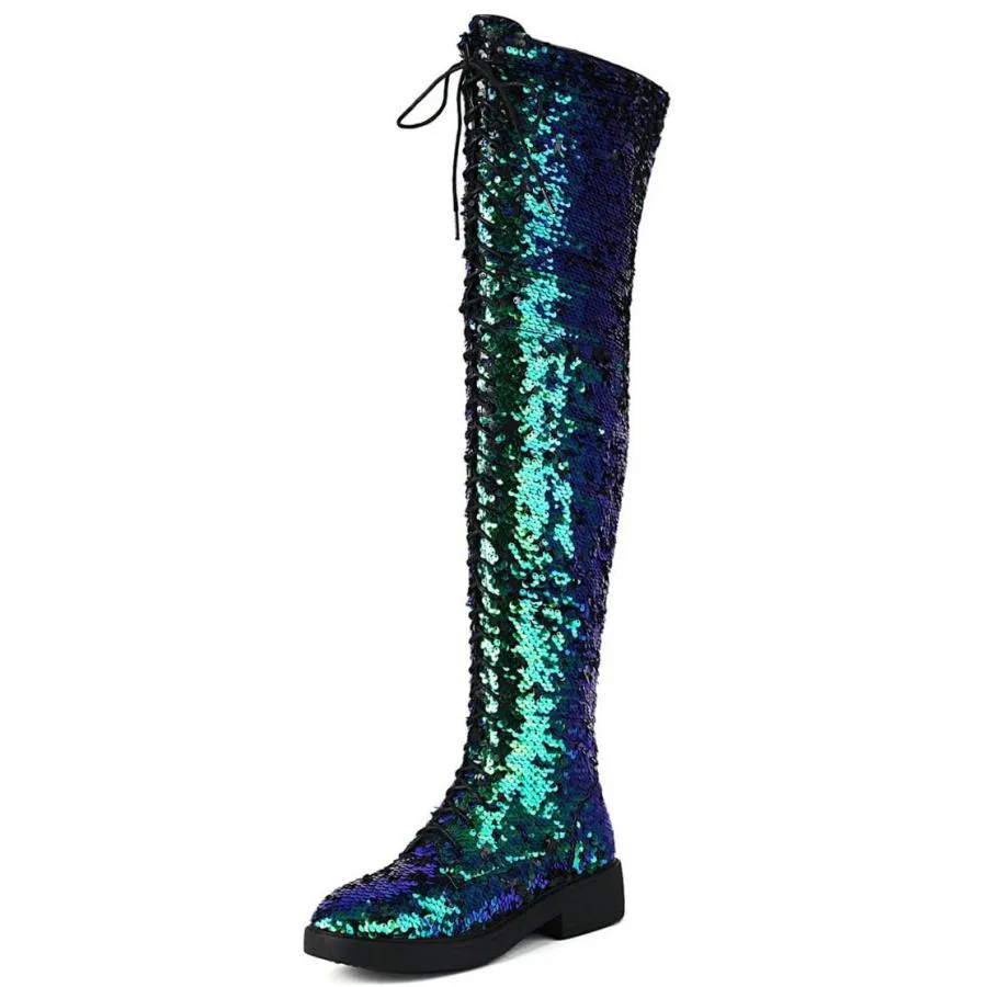 【並行輸入品】Caradise Glitter Sparkly Low Heel Thigh High Combat Boots Sequin