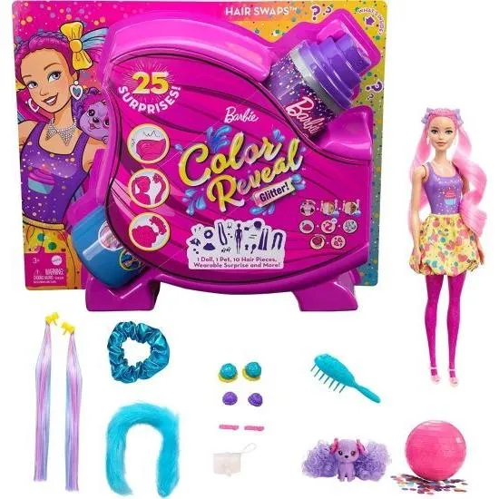 Barbie バービーの色がグリッターを明らかにします！ヘアスワップ人形、25のヘアスタイリング、パーティーをテーマにした驚きを備えたキラキラピンク、10のプ