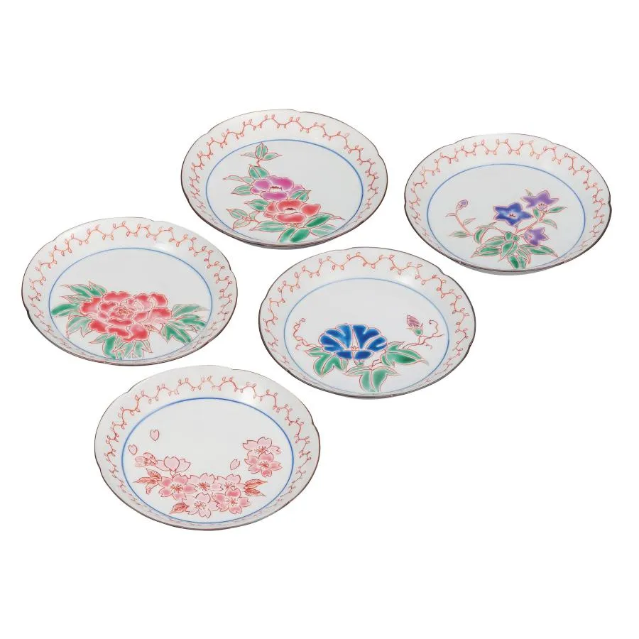日本の伝統工芸品【九谷焼】 5.2号皿揃 草花絵変り  澤田郁美 (K9-172) (K8-139)