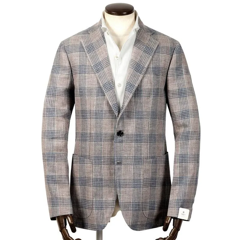 【SALE】ルイジボレッリ LUIGI BORRELLI ／ 24SS リネンウールサマーツイードチェック3Bジャケット「PROCIDA」（ライトブラウン×ブルー）