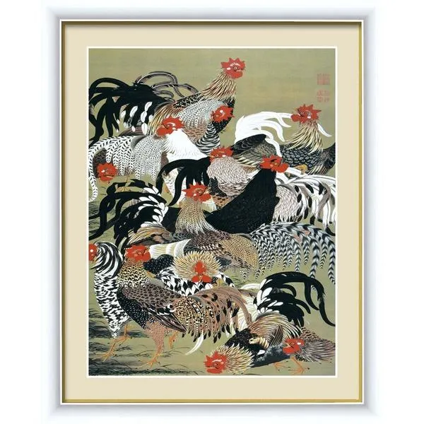 伊藤若冲 額装品 白 〔 F6号 群鶏図 〕 若冲 鳳凰 旭日 動植綵絵額 群鶏 白鳳 鶏
