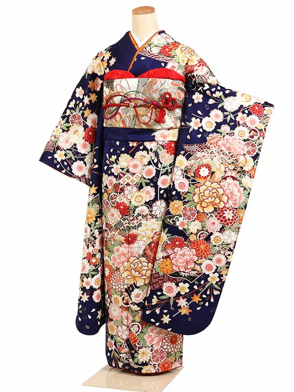 【レンタル】【振袖レンタル 紺系 牡丹・扇面】正絹 振袖 レンタルフルセット ふりそで 振袖セット レンタル振袖 振り袖 結婚式 披露宴 親族 卒業式 パーティー 結納 着物レンタル 貸衣装 女性 和服 華やか  晴れ着 往復送料無料  f548