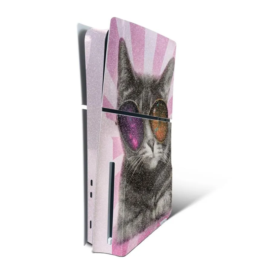 MightySkins Playstation 5 Slim Disk Edition 用グリッタースキン「Galaxy Cat」保護デカールラップ 着脱簡単