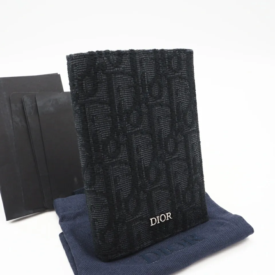 ★3日以内返品可★ 極美品 Dior ディオール ディオール オブリーク ジャカード 2つ折りカードホルダー 2ESCH138YSE_H03E カードケース ネイビー ブラック コットン カーフレザー レディース【中古】