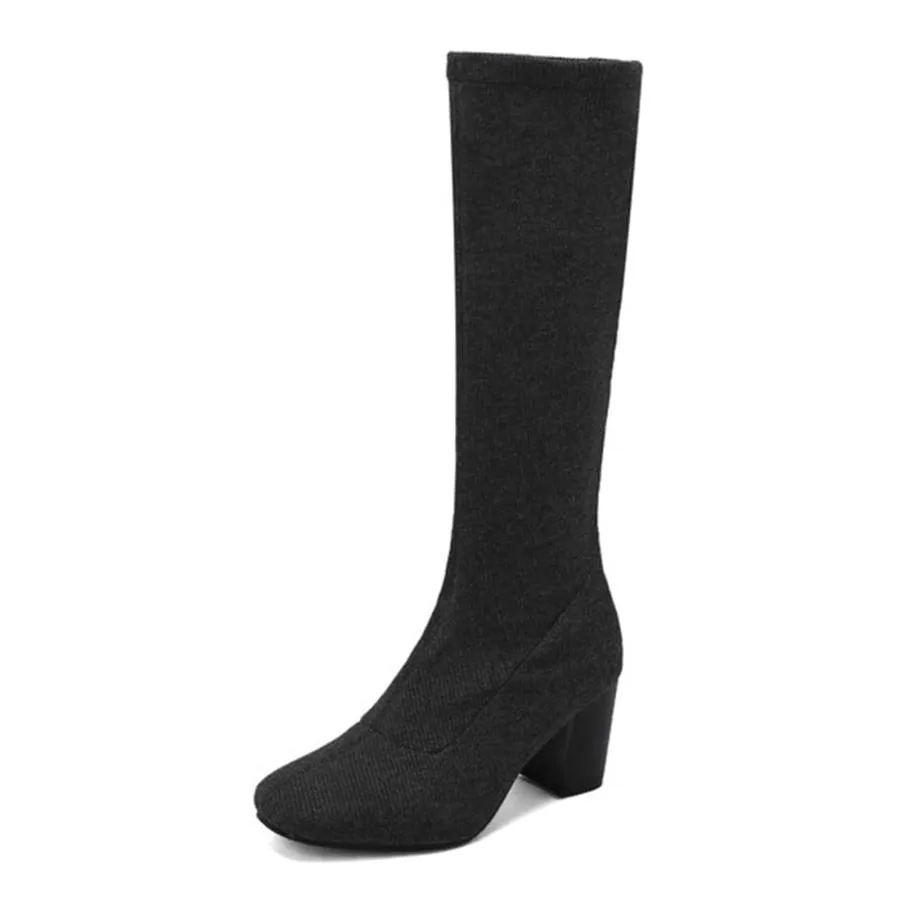【並行輸入品】Alyaafifa Stretch Sock Boots Knee High Block Chunky Heel Closed