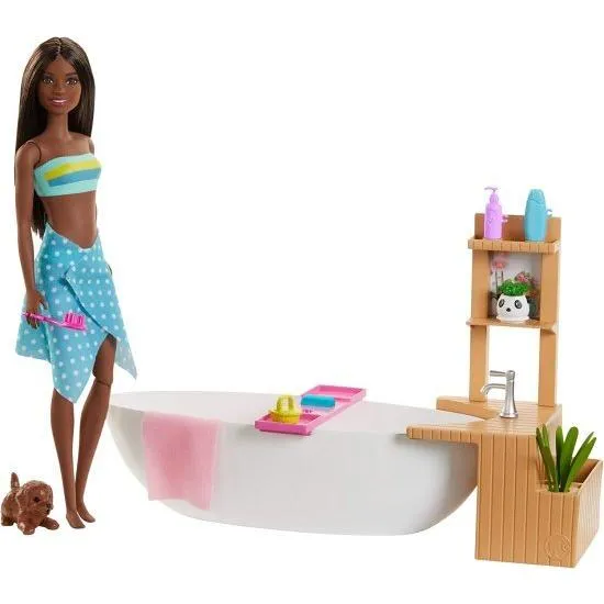 Barbie バービーフィジーバスドールとプレイセット、ブルネット、浴槽、炭酸パウダー、子犬など、3-7歳の子供へのギフト