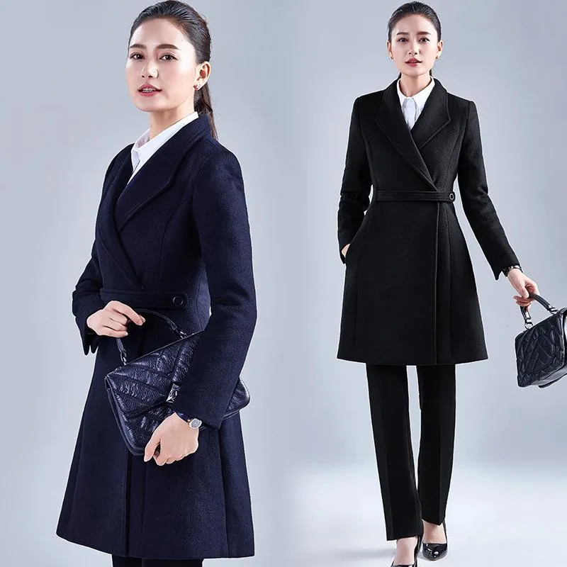 コート レディース 秋冬 韓国風 営業部 受付 銀行 制服 ウール ロング丈 厚手 あったか ブラック 紺色 ブルー S M L XL 2XL 3XL