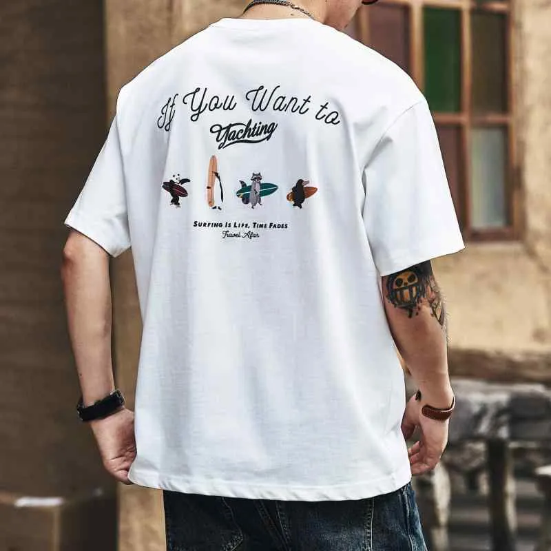 アメリカン スタイル プリント メンズ 半袖 Tシャツ 夏 コーデ スタイル ゆったり カジュアル ラウンドネック 綿 ホワイト Tシャツ