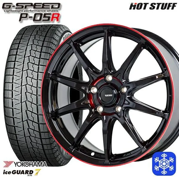 195/60R16インチ ヨコハマ アイスガード IG70 5H114.3 スタッドレスタイヤホイール4本セット ホットスタッフ ジースピード P-05 レッド