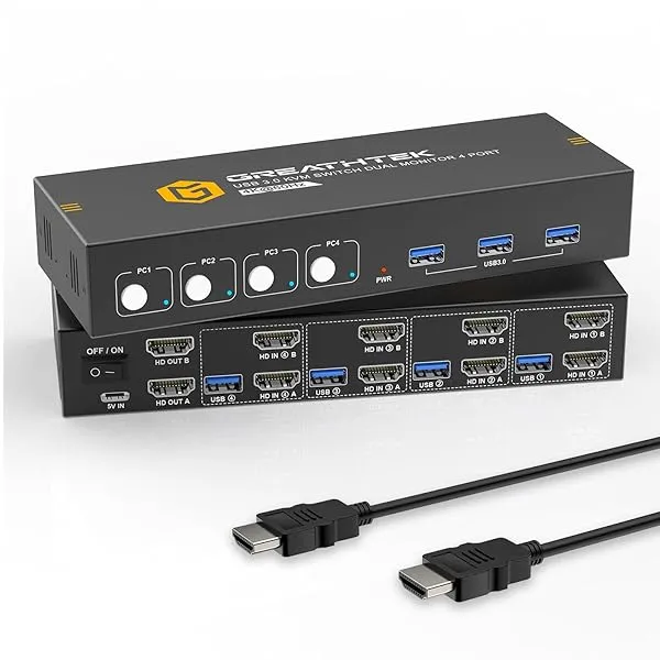 KVMスイッチ HDMI 4ポート、USB3.0 KVM デュアルモニター、UHD 4K@60Hz解像度、HDMI KVM切替器 4入力2出力、アダプティブEDID、ボタン切り替え対応