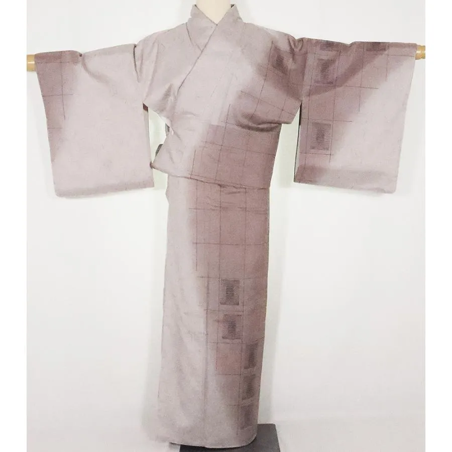 手織り紬 訪問着 袷 正絹 赤紫 墨流し 格子縞 身丈162cm 裄丈67cm MLサイズ ki26027 送料無料 新品