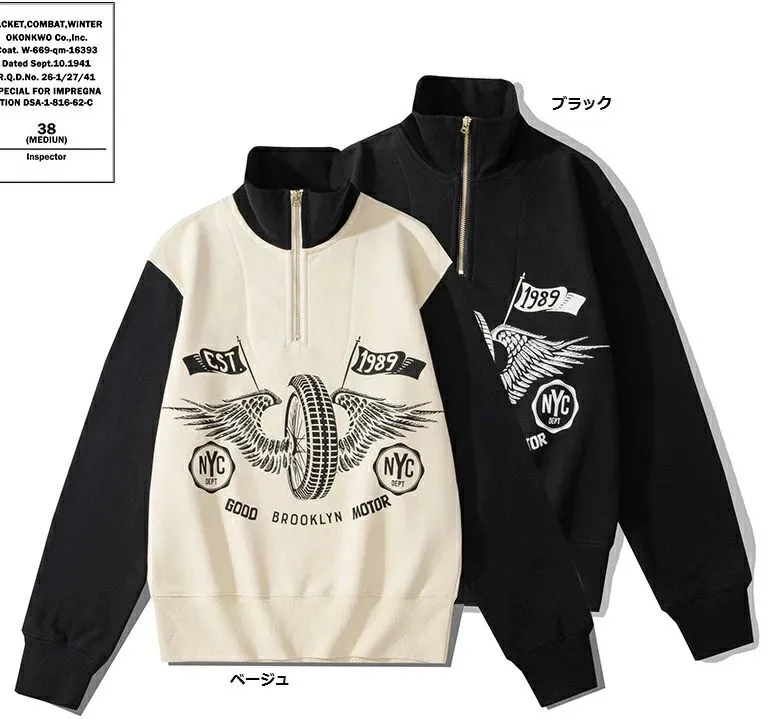OKONKWO 上品 アメカジ メンズ 立襟 チャック付き バイクトレーナー プリント カジュアル  春秋