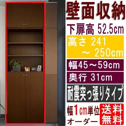 天井つっぱり壁面本棚 収納家具 高さ２４１〜２５０ｃｍ幅４５〜５９ｃｍ奥行３１ｃｍ厚棚板（棚板厚2.5cm） 下扉高さ52.5cm