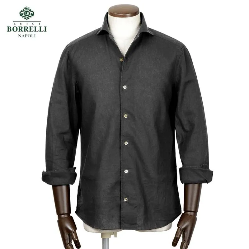 ルイジボレッリ LUIGI BORRELLI ／ 26SS リネンコットンポプリンイタリアンカラーカジュアルシャツ「VESUVIO-EX（LT11005）」（ブラック）