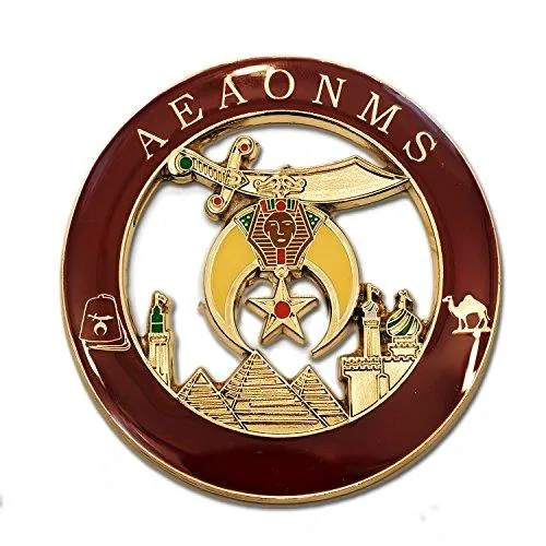 【並行輸入品】Shriner AEAONMS ラウンドフリーメイソンオートエンブレム   [ゴールド\u0026ラズベリー][直径3インチ] Shrine
