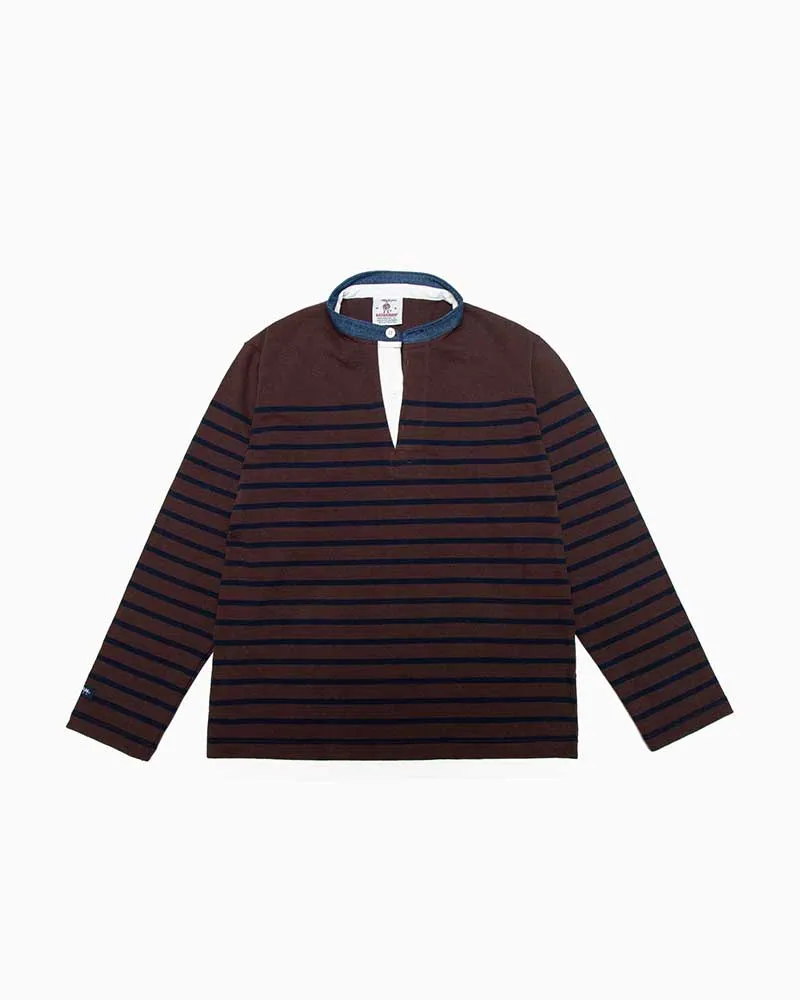 バーバリアン【BARBARIAN】12oz HENLEY LONG denim collar / WFE12Y (ブラウン/ネイビー) \"NEW JAPAN SIZE\" メンズ へヴィーウエイト 長袖 ヘンリーカラー ヘンリーネック スタンドカラー デニムカラー ラガーシャツ ラグビーシャツ ボーダー