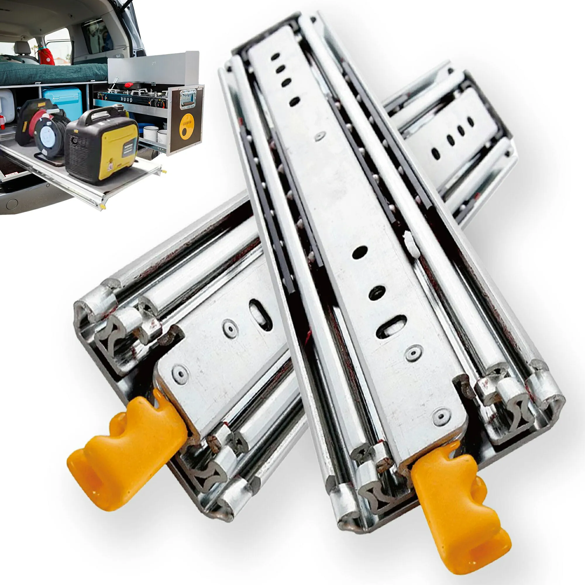 lalaspace スライドレール 車 引き出し用 重量用スライドレール300mm~1500mm 車改造レール ロック付き 幅67mm 幅53mm最大耐荷重220kg 3段引き 左右1セット