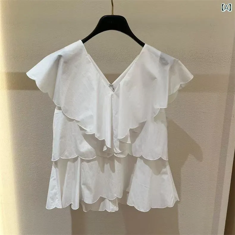 レディース シャツ 白 Vネック フリル 短袖 ゆったり 背中開き 夏 トップス ブラウス コーディネート 軽やか 綿混 ベーシック スタイル