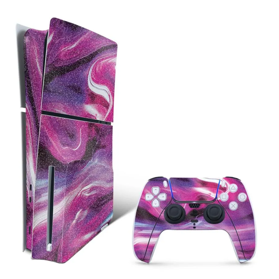 MightySkins Playstation 5 Slim Disk Edition Bundle 用グリッタースキン「Pink Melt」保護デカールラップ 着脱簡単
