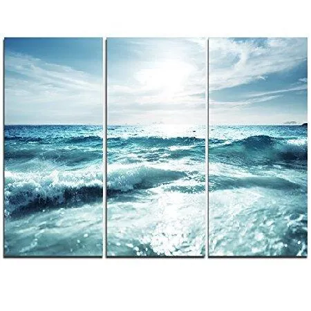 【並行輸入品】 Seychelles Beach At Sunsetシースケープキャンバスアートプリント 36x28\" - 3 Panels ブルー PT9930-3P