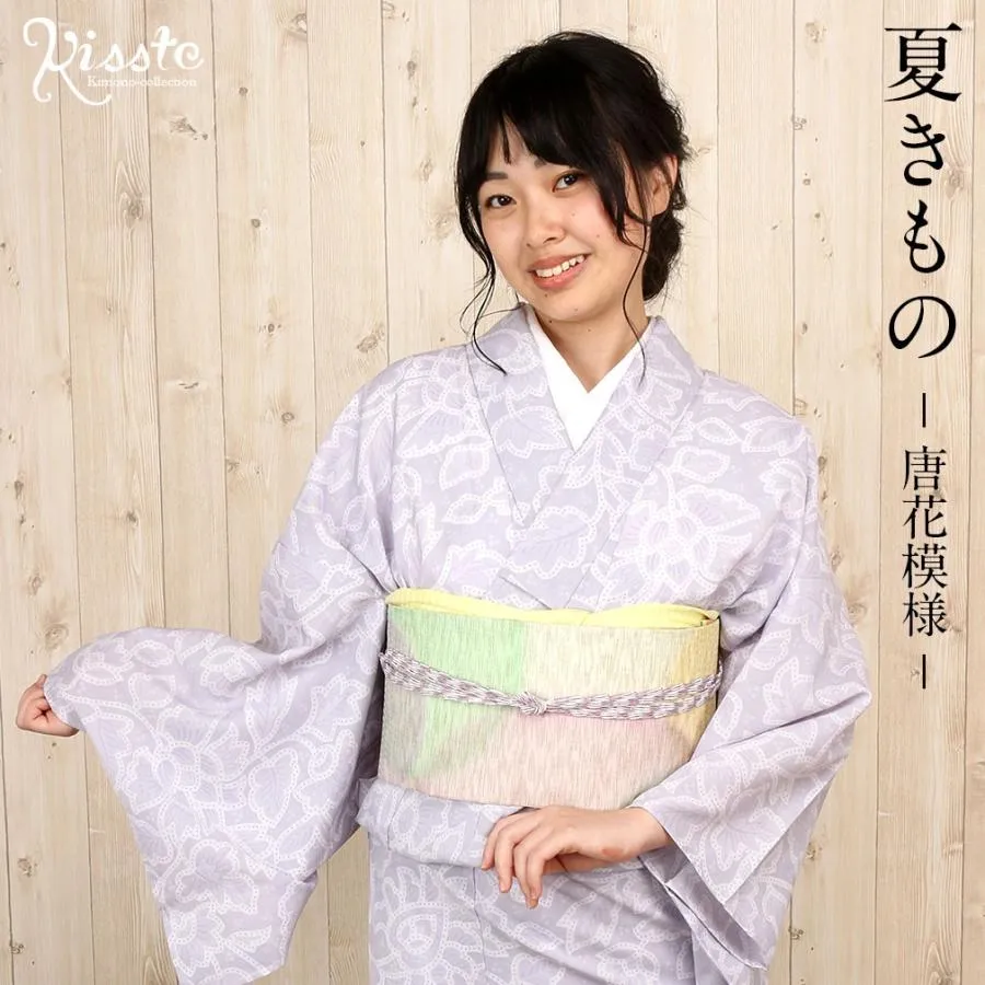 着物 夏 小紋 単衣 藤色 唐花 L フリーサイズ SALE 爆買