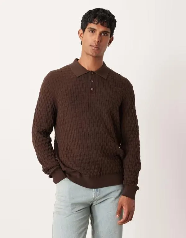 エイソス メンズ トップス ポロシャツ ニット ASOS DESIGN knit textured long sleeve polo BROWN ブラウン