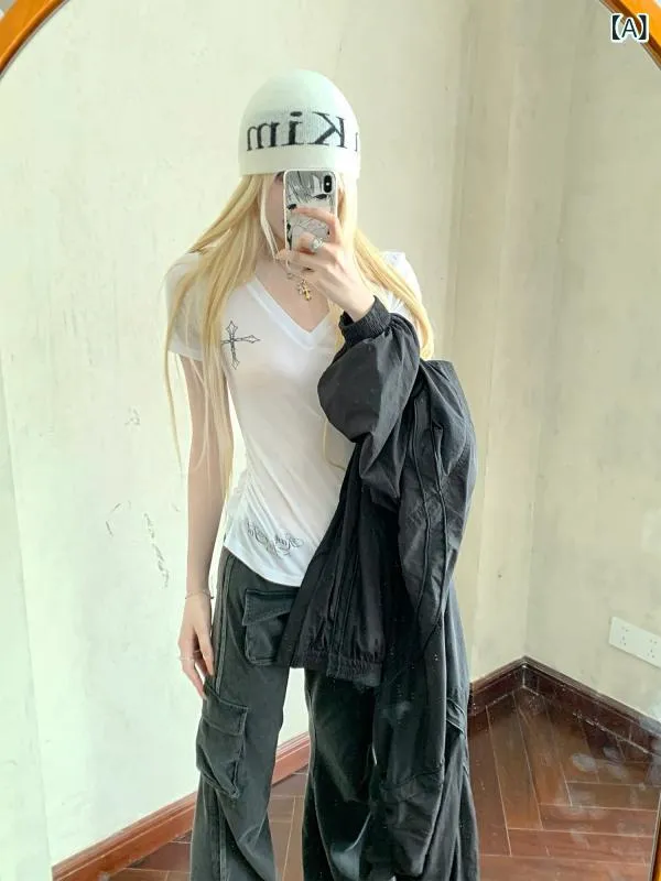 Tシャツ レディース かわいい Rase le sol 審判の 日 サイド クロス Vネック Tシャツ ホット ガール スリム ストレート ショルダー 半袖