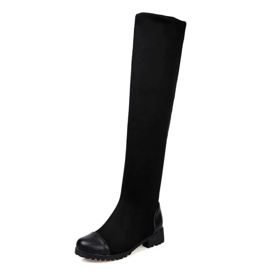 【並行輸入品】CYBLING Women's Thigh High Stretchy Boots Low Block Heel Round T