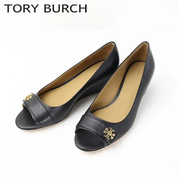 Tory Burch トリーバーチ KIRA OPEN TOE WEDGE パンプス レザー 本革 ダブルTロゴ スタックヒール レディース 55050
