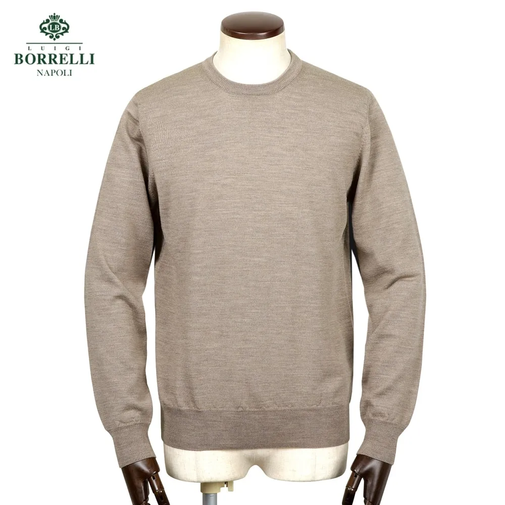 【SALE】ルイジボレッリ ルイジボレリ LUIGI BORRELLI ／ 25-26AW ウールハイゲージクルーネックニット「12KN901」（ライトブラウン）【ラッピング対応】／ メンズ イタリア 秋冬 セーター 長袖 ロングスリーブ 無地