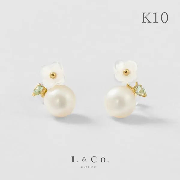 K10  ピアス  フラワーシェル  淡水パール パール 真珠 ハニークオーツ 大人 ギフト L&Co.（エルアンドコー）
