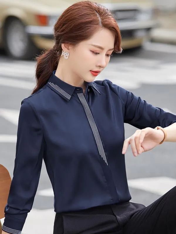 秋服 レディース ファッション オシャレ カワイイ  シンプル 大人カワイイ 大きいサイズ  ブルー シャツ 長袖 春秋 スタイル スタイリッシュ OL トップス