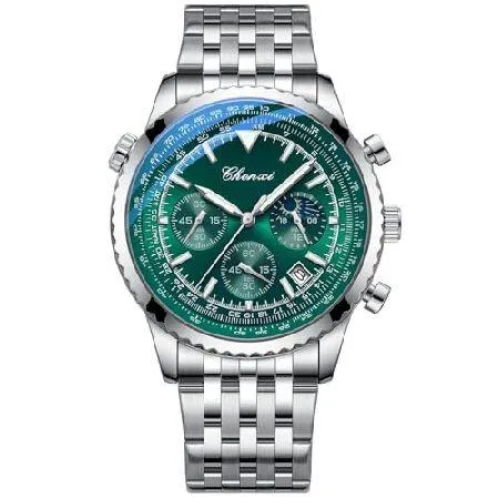【並行輸入品】 Tiong メンズ ビジネス クロノグラフ 腕時計 - ステンレススチールバンド ムーンフェイズ ＆ 6針 - 防水 発光 日付表示 クォーツ 腕時計, CX928-