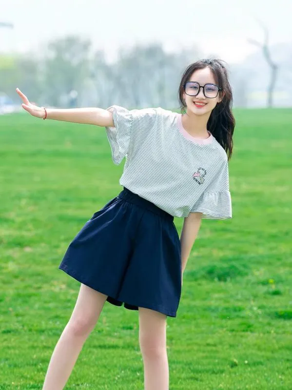 Tシャツ 女子用 夏 短袖 ストライプ 学院風 フリル トップス 学生服 通学 カジュアル かわいい 軽量 通気性