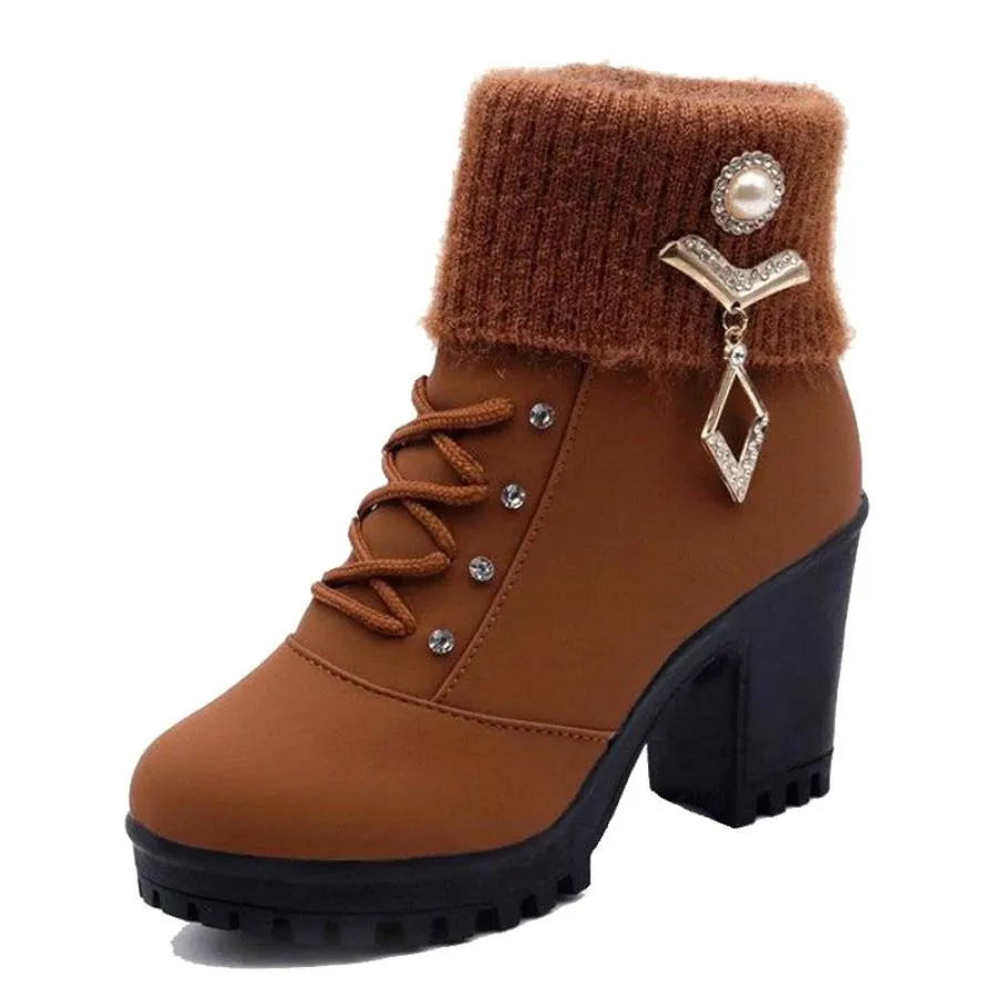 【並行輸入品】QSCQ Stylish Snow Boots for Woman Winter Chunky Mid Heel Ankle B
