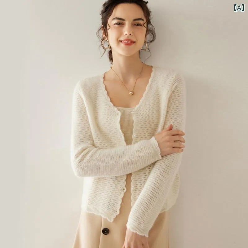 ニットカーディガン レディース 女性用 カシミヤ Vネック 長袖 前開き 透かし編み ゆったり リラックス おしゃれ オフィス カジュアル 秋冬 トップス