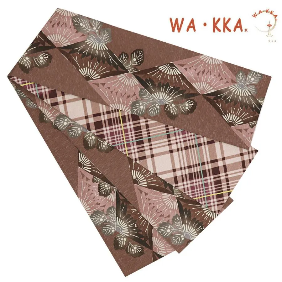 半幅帯 WA・KKA WAKKA ワッカ リバーシブル 正絹 茶 ピンク 花 菊 菱 花菱 格子 チェック タータンチェック 仕立て上がり お洒落 No.88-2541