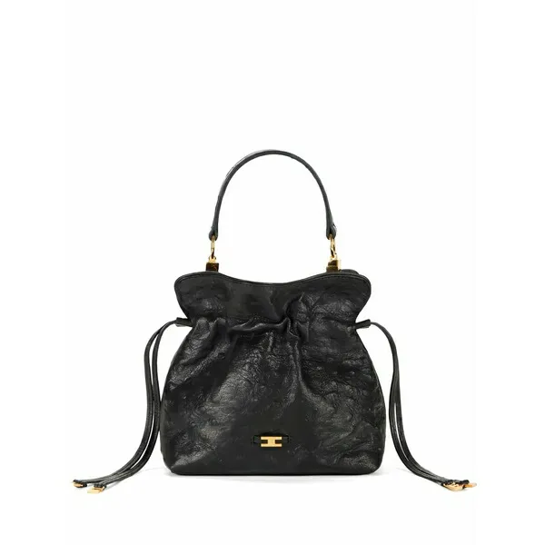 エリザベスフランキ レディース トートバッグ バッグ Ostrich-texture drawstring-fatening leather tote bag Black