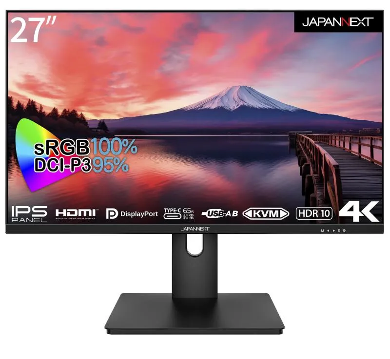 JAPANNEXT 27インチ モニター 4K UHD 3840x2160解像度 IPS ディスプレイ (KVM/HDMI/USB-C 給電 (65W) / DisplayPort/VESA対応/ブルーライトカット) JN-IPS273UHDR-C65W