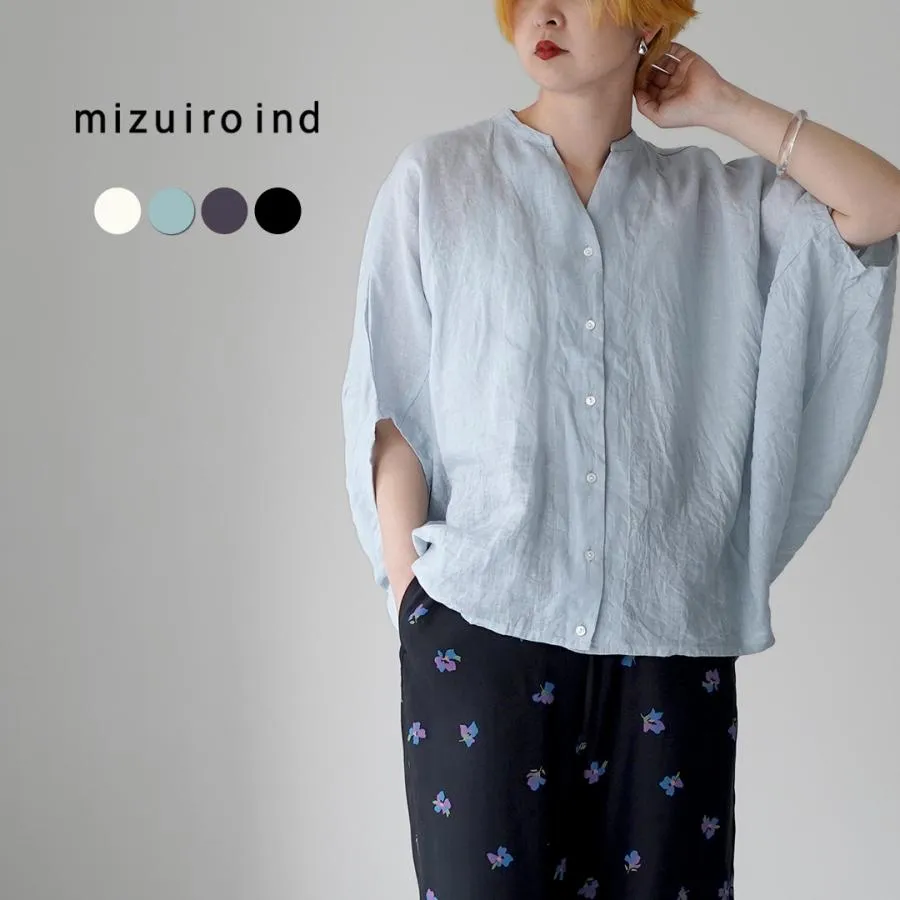 mizuiro ind（ミズイロインド） リネンスタンドカラー コクーンシャツ 日本製 / レディース ブラウス 半袖 無地
